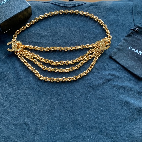 CHANEL 💛 Vintage RARE Gold Tone Chunky CC Logo 5 Chain Link Belt Necklace  🖤 - Picture 11 of 12